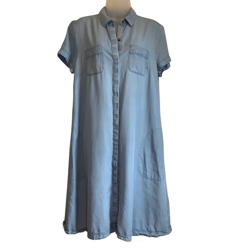 J. Jill Denim Tencel Lyocell Shirt Dress Blue Short Sleeve Button Front M Tall - Picture 2 of 16